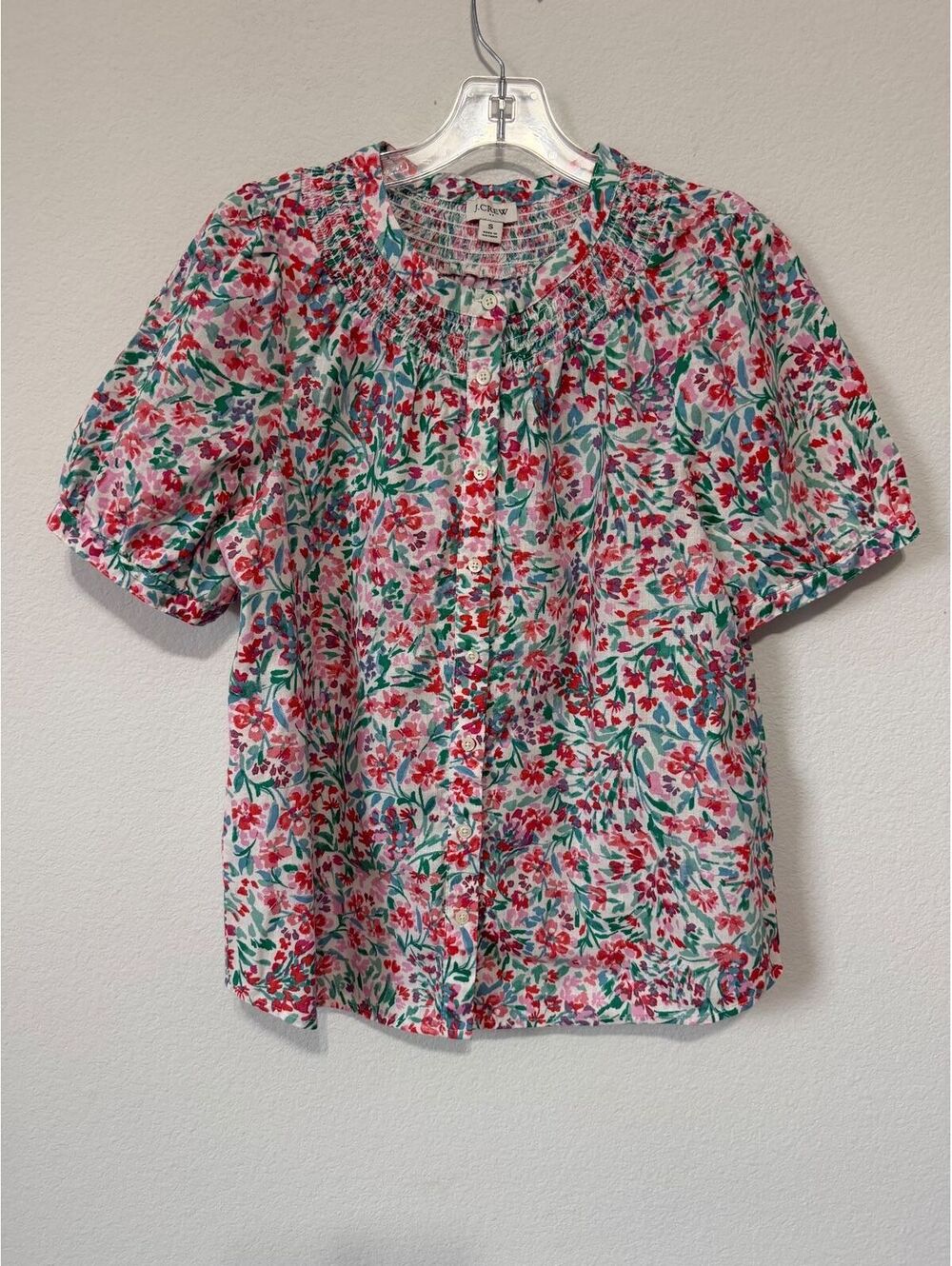 J. Crew Short Sleeve Smocked Round Neck Button Up Floral Shirt Women's Size S